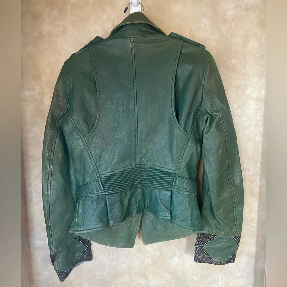 Diesel Distressed Dark Green Leather Premise Beaded Moto Jacket - Picture 2 of 14